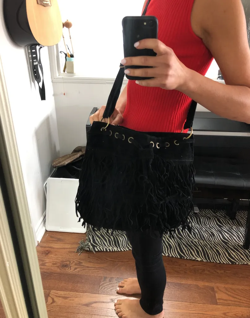 Black Faux Suede Fringe Purse With Adjustable Strap photo 1