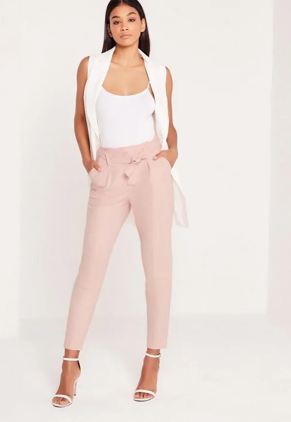 Nude Pleated Waist Tie Belt Cigarette Pants photo 1