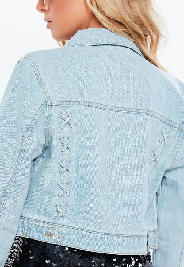 blue denim lace cropped jacket photo 1
