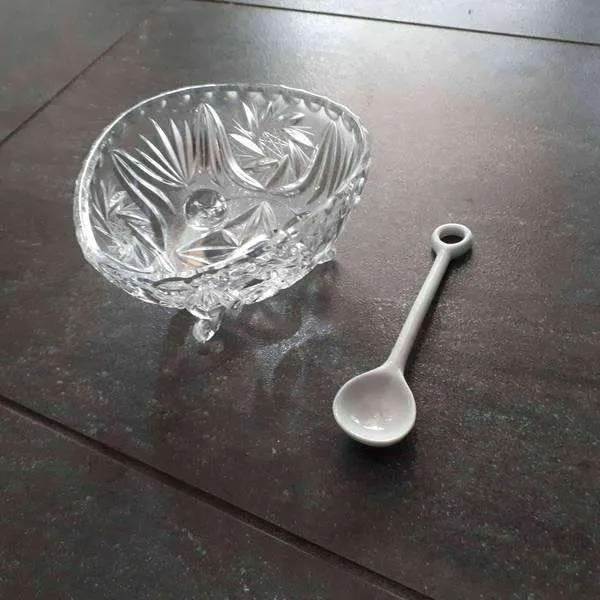 Glass candy/sugar/spice bowl with spoon photo 1