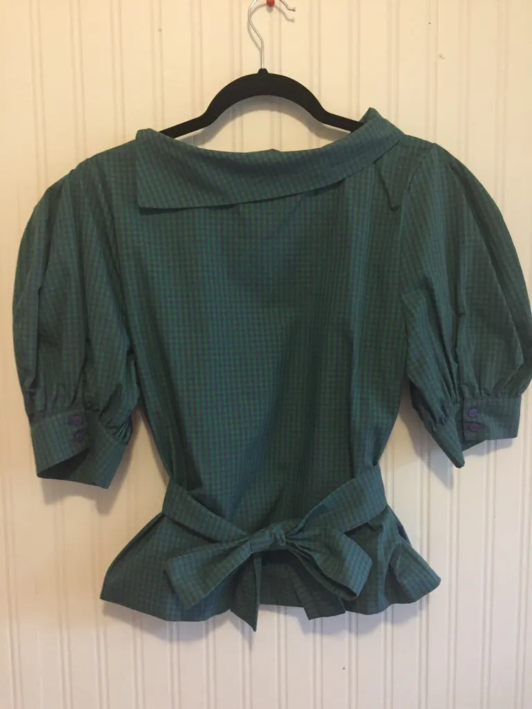 NWT Gingham Puffed Sleeve Blouse With Tie photo 1