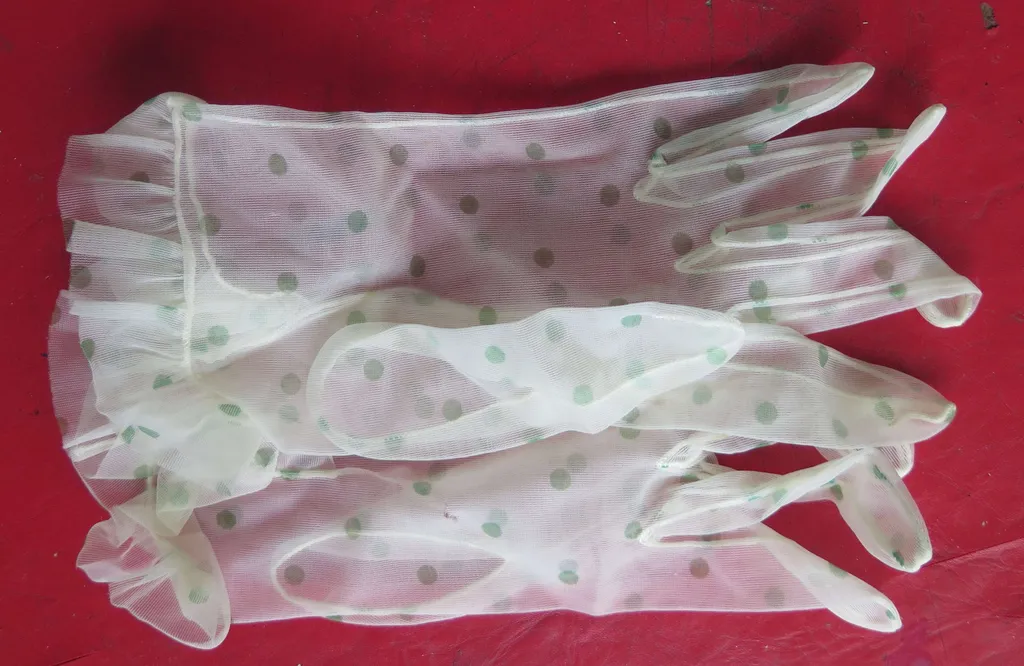 VINTAGE 1960s sheer gloves with green polka dots photo 1