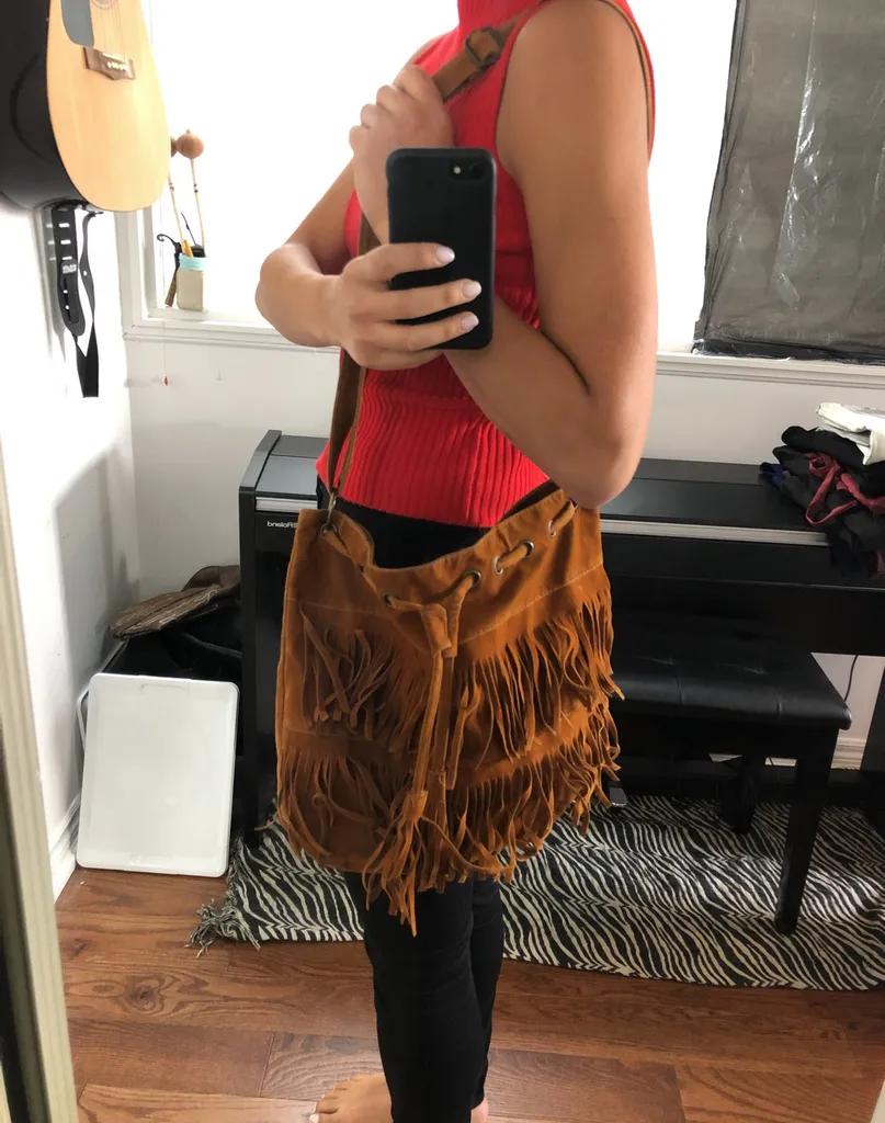 Faux Suede Brown Fringe Purse Adjustable Straps photo 1