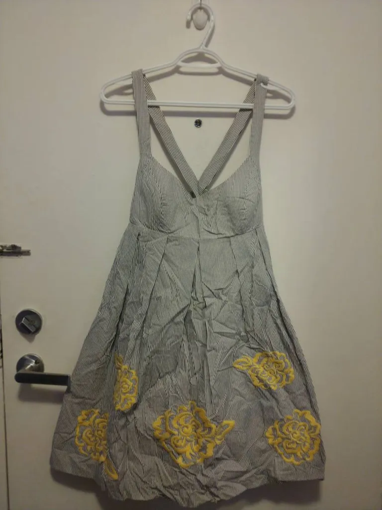 Navy & White Striped Dress With Yellow Flower Embroidery photo 1