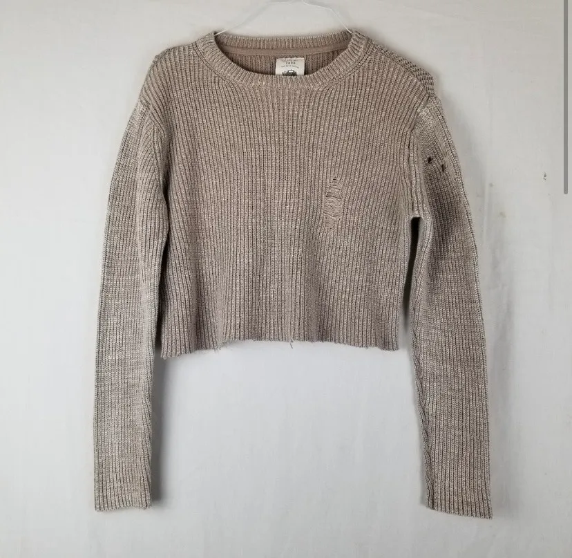 Distressed Cropped Sweater - Tan photo 1