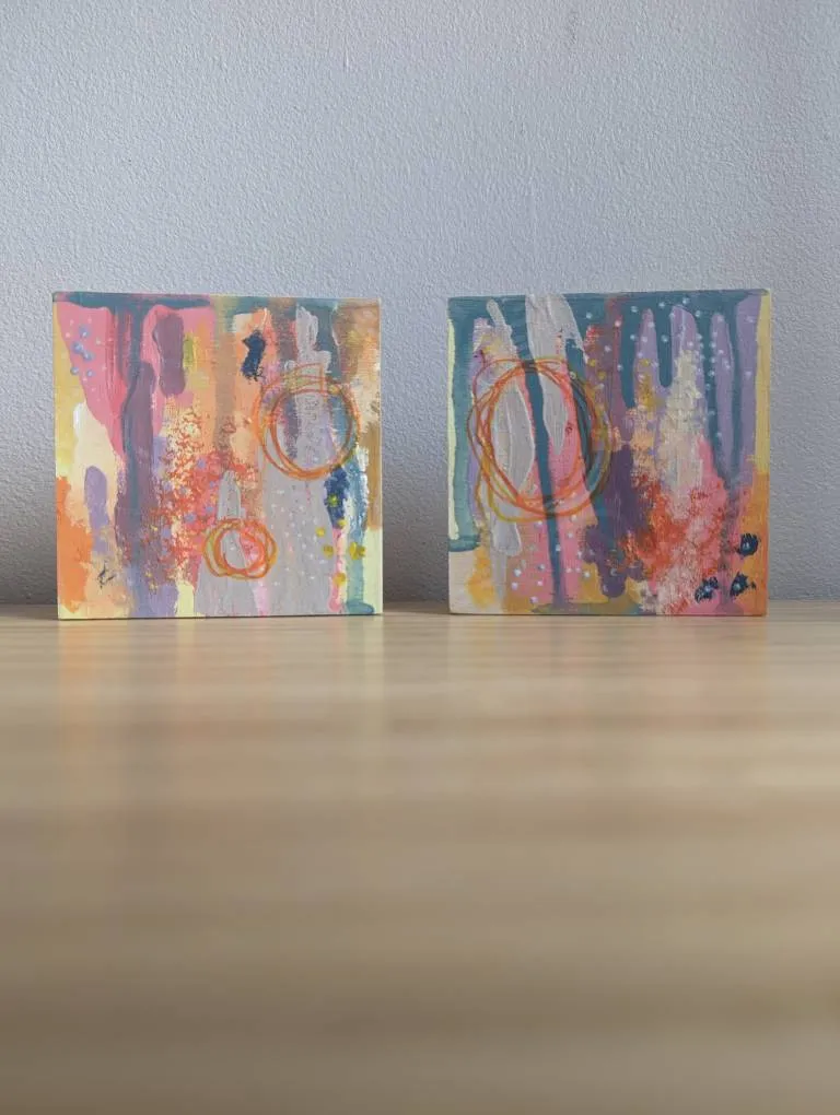 Pair Of Abstract Acrylic Mixed Media Painting Small On Wooden... photo 1