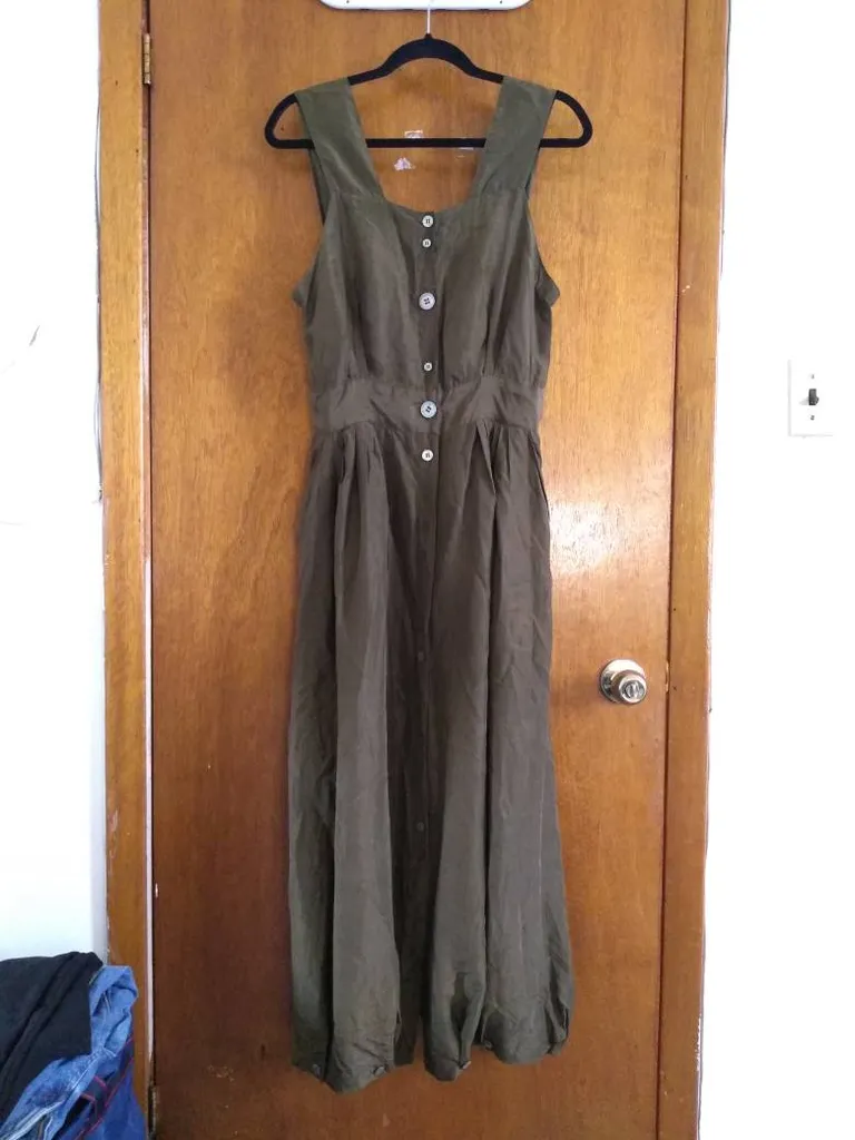 Warehouse 100% Silk Army Green Ankle-length Button Dress size... photo 1
