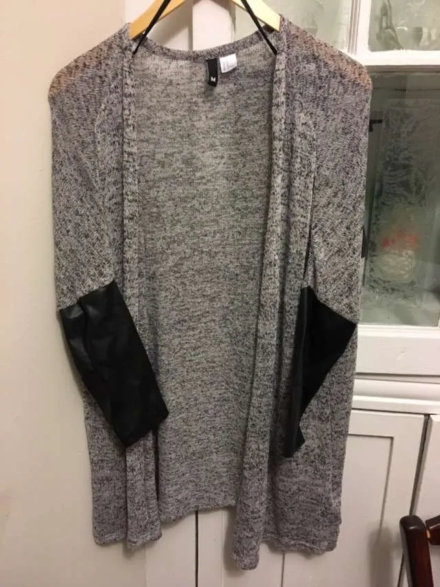 Grey Open Cardigan w Faux Leather Detail photo 1