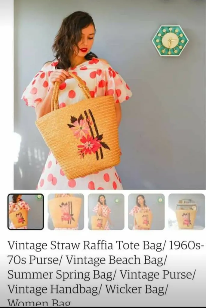 Vintage Embroidered Raffia Beach Tote - 1960's- 1970's photo 1