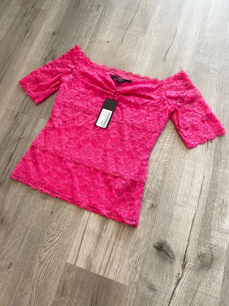 Guess Pink Lace Off Shoulder Top photo 1