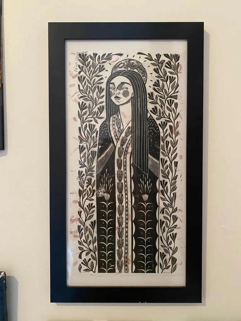 Large Gaia Mother Goddess block print in frame photo 1