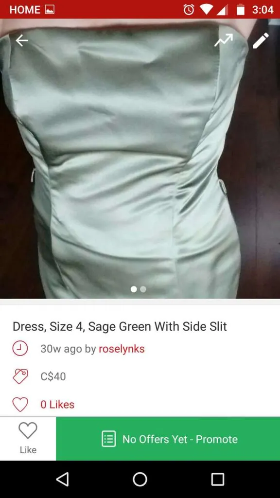 Sage Green Dress, Size 6, Satin, Strapless With Side Slit photo 1
