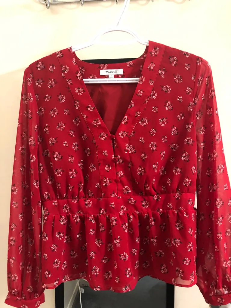 Madewell Red Floral Peplum Top (S) photo 1