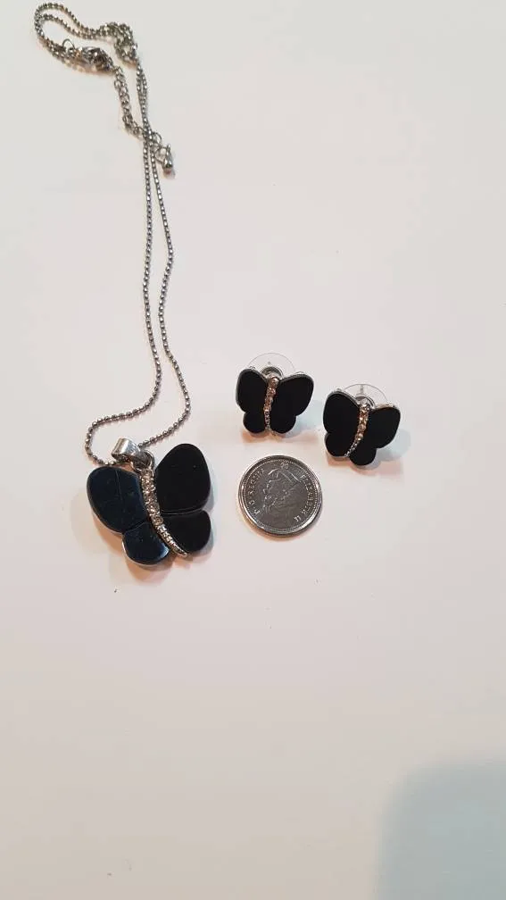 Black Butterfly And Diamond Necklace and Earrings - Boucles D... photo 1