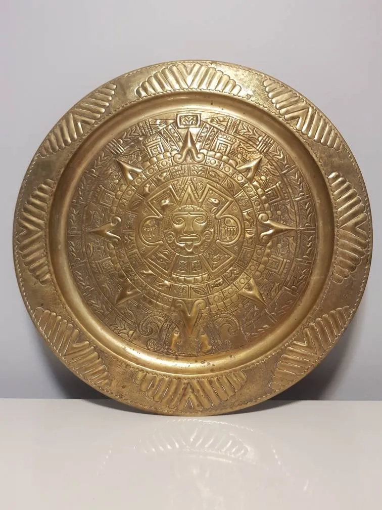 Vintage Handcrafted Brass Aztec Calendar Wall Plate. photo 1