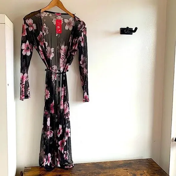 NEW - Sheer Black Duster Cardigan Kimono with Pink Flowers photo 1