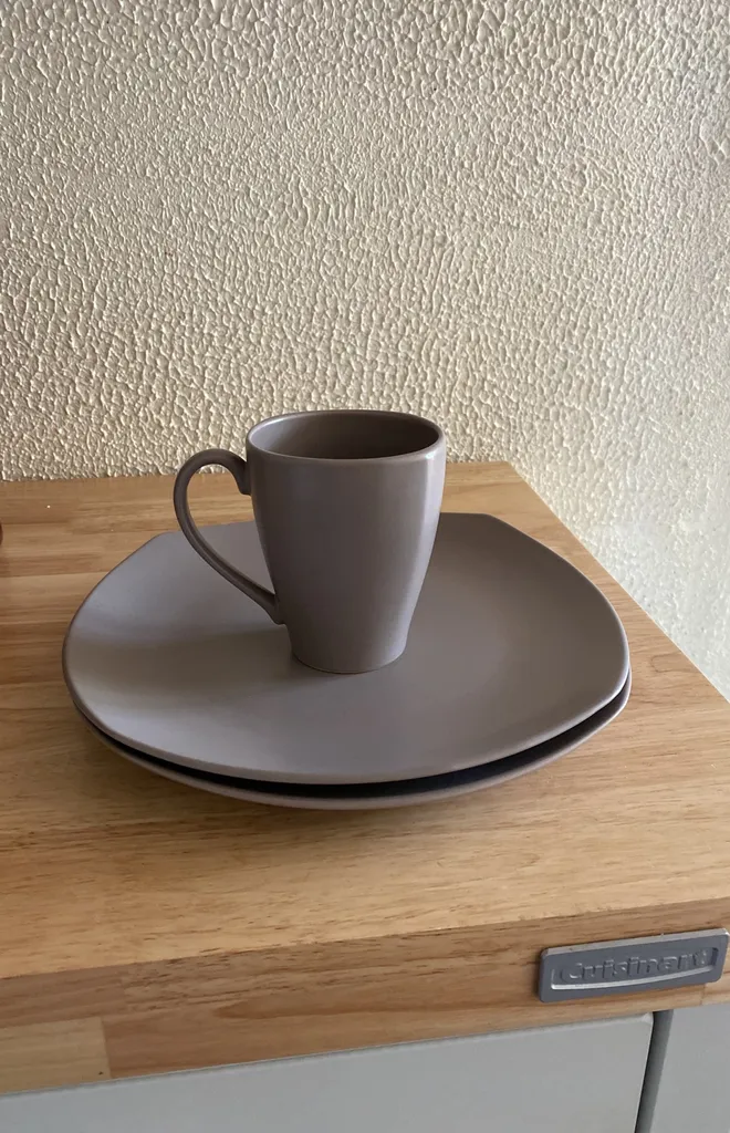 2 Taupe Plates w/ Mug photo 1