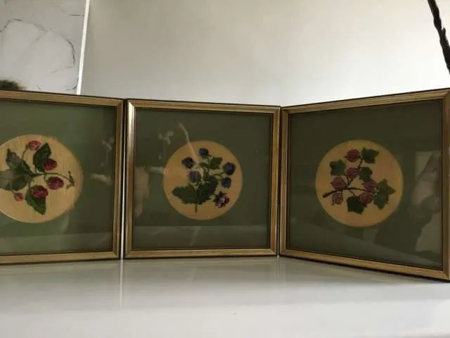 Vintage Three Embroidered Flower Wall Hangings photo 1