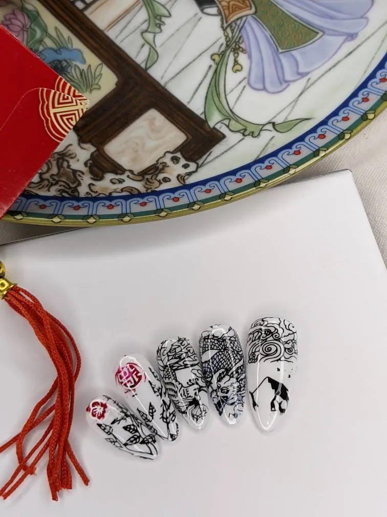 Black and White Phoenix and Dragon Glossy Press-On Nail, Chin... photo 1