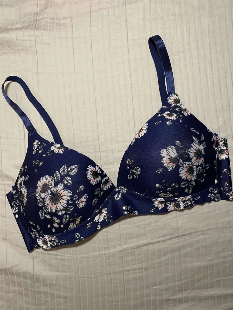 Satin Navy Blue + Floral Bra (size 34C) photo 1