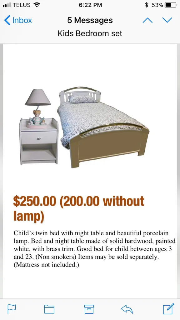 Solid Hardwood Child's Bed and Nightstand, Porcelain Lamp photo 1