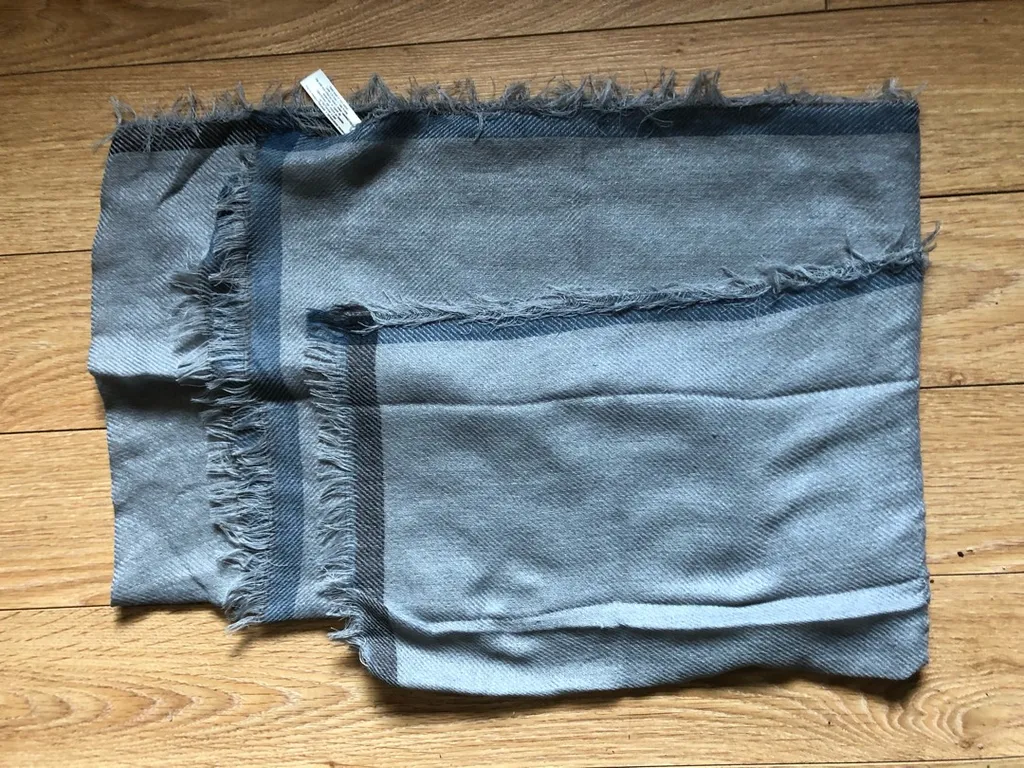 Grey With Blue And Black Accents Fringe Rectangle Scarf photo 1
