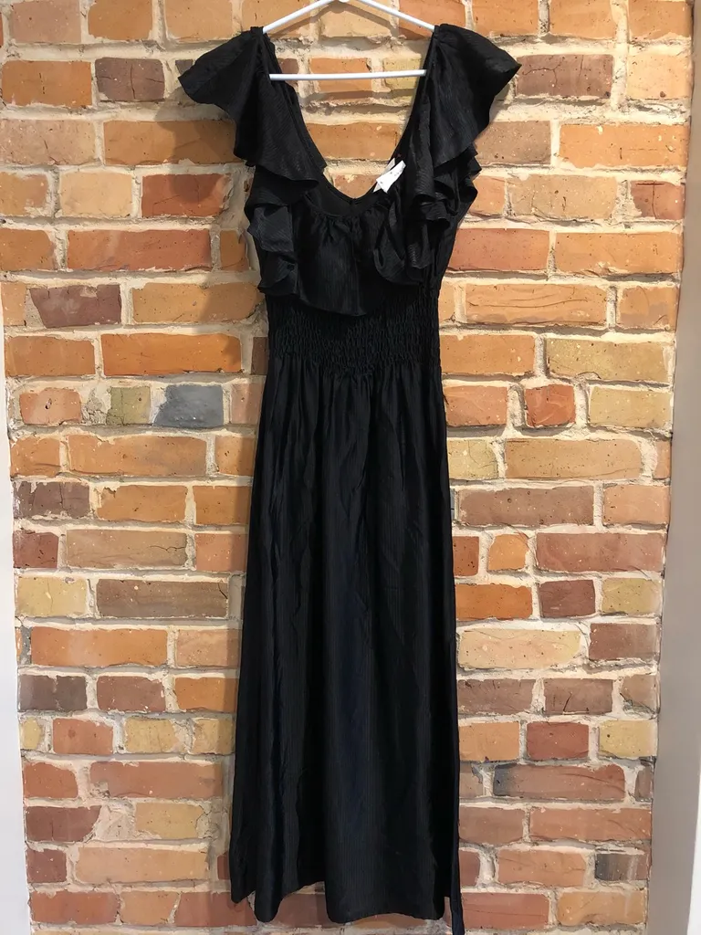 BNWT Black Silky Ruffle Dress - Size 8 photo 1