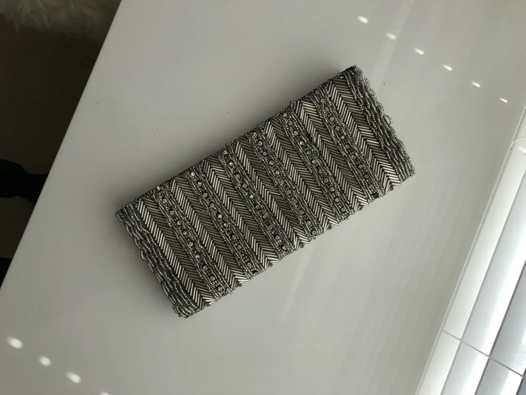 Grey Silk Beaded Evening Clutch photo 1