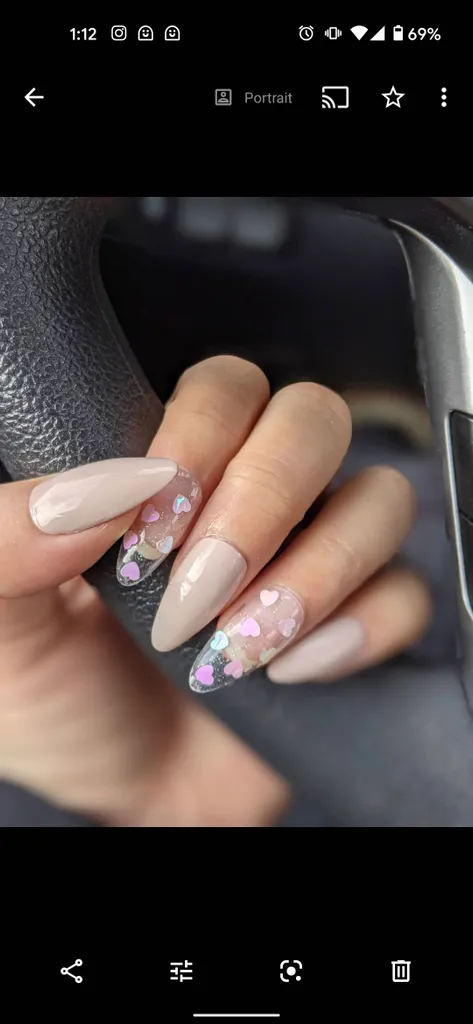 Nude Pink Press on Nails with Iridescent Hearts Accent Nail, ... photo 1
