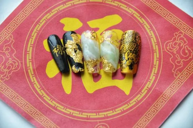 Lunar New Year Black and Gold Dragon Press on Nails, Jade Nai... photo 1