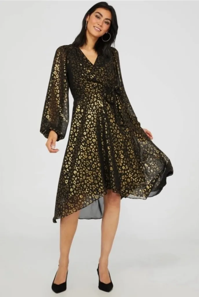 Suzy Shier Black-Gold Foil Leopard Print High Low Midi Dress photo 1