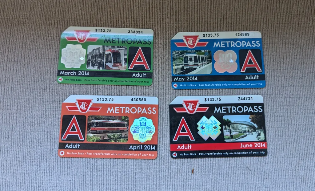 Four 2014 Toronto Metropass Adult Monthly Passes photo 1