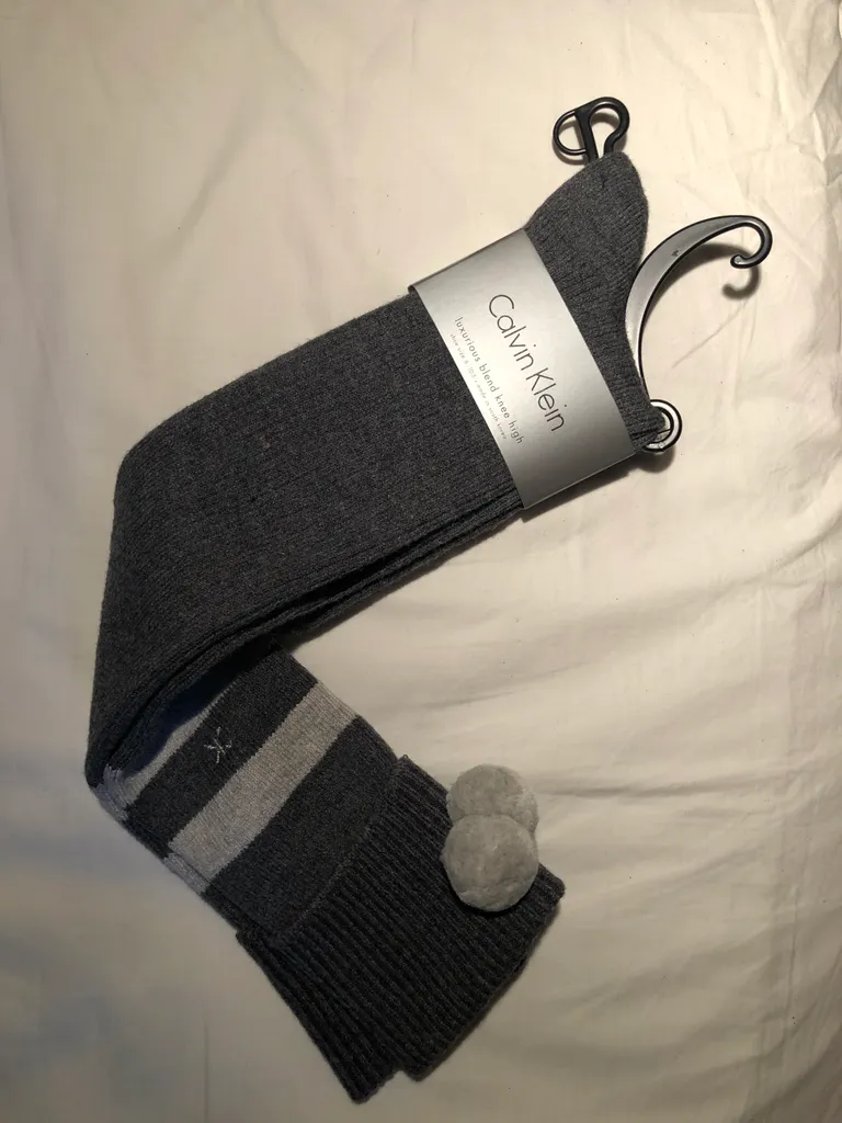 Calvin Klein Grey Knee Highs w Pom Poms BNWT photo 1