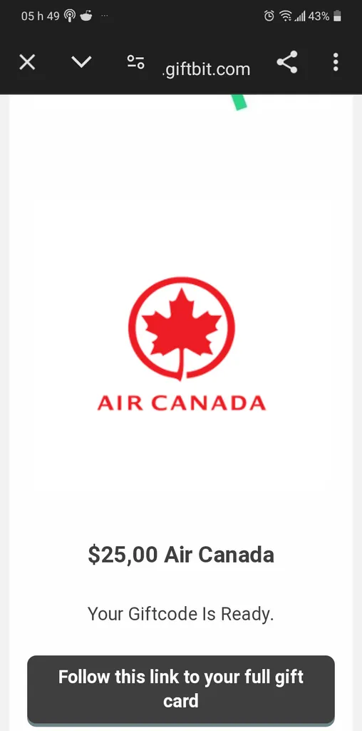 25$ Air Canada gift card photo 1