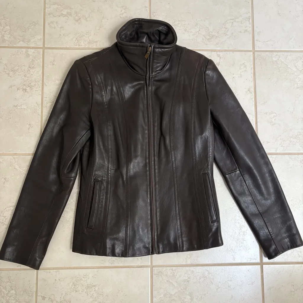 Anne klein leather coat jacket bomber zip up top cafe racer photo 1