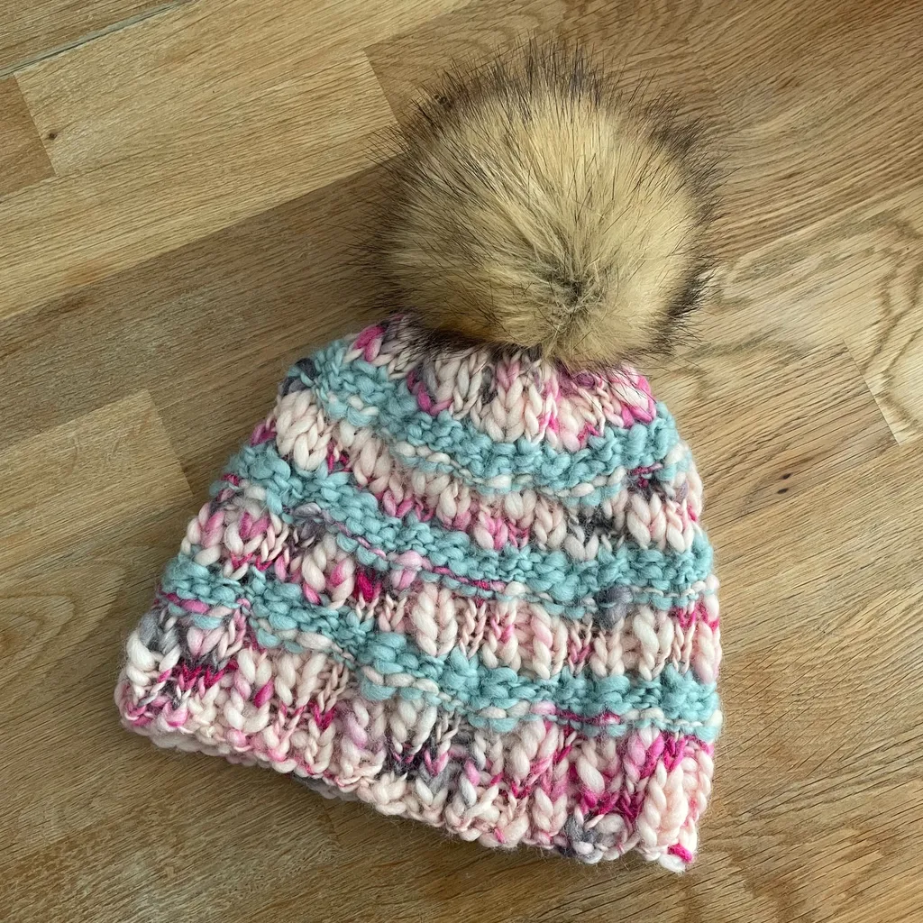 Handmade Knit Merino Wool Hat Toque Beanie with Faux Fox Pom Pom photo 1