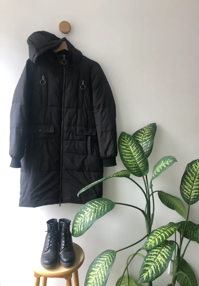 S -Long Black Quilted Puffer Jacket Parka photo 1