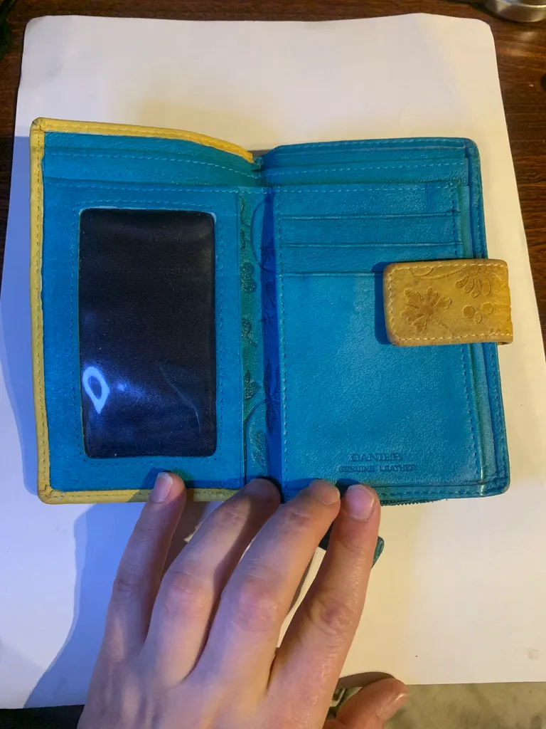 Danier blue yellow leather wallet photo 1