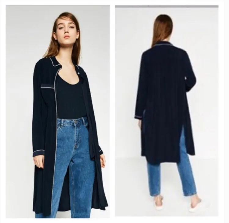 M- Zara Navy Satin Long Shirt Jacket photo 1