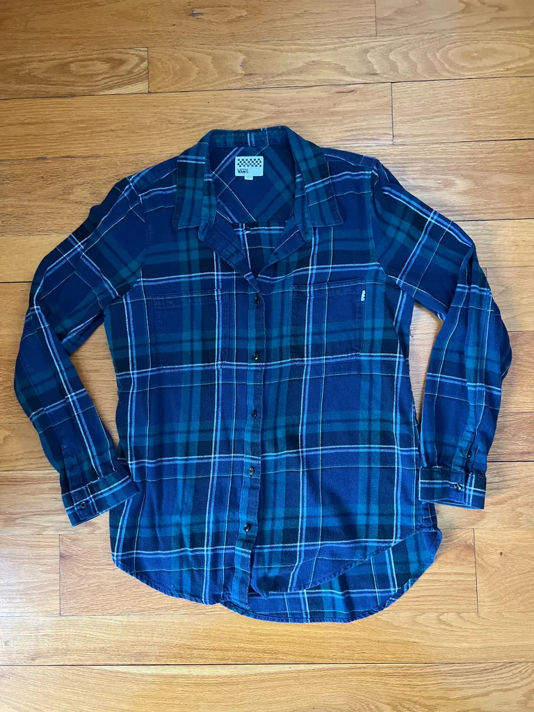 Vans Navy & Green Plaid Button Up, Women’s Large, GUC photo 1