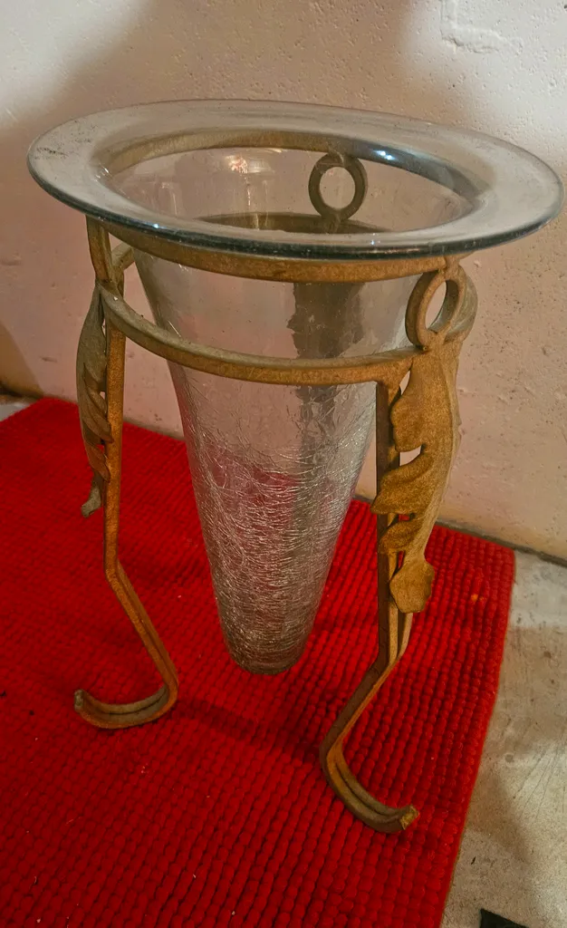 large glass vase with metal stand photo 1