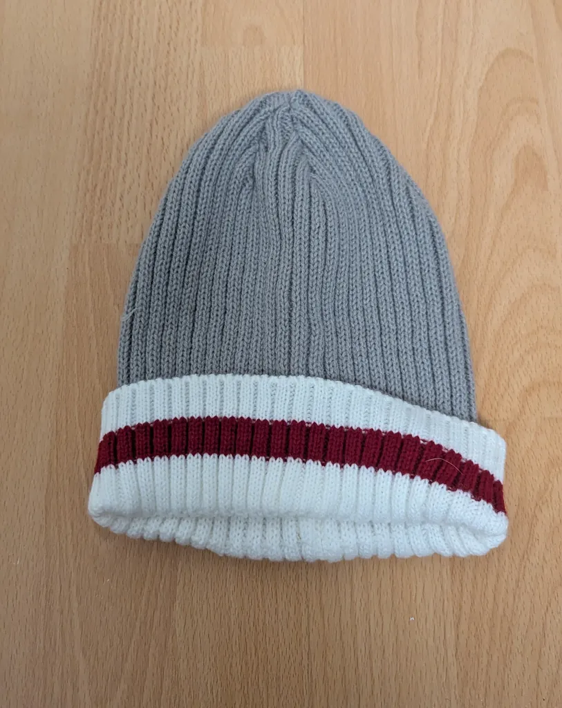 Brand New Grey Knit Beanie - Striped Cuff photo 1
