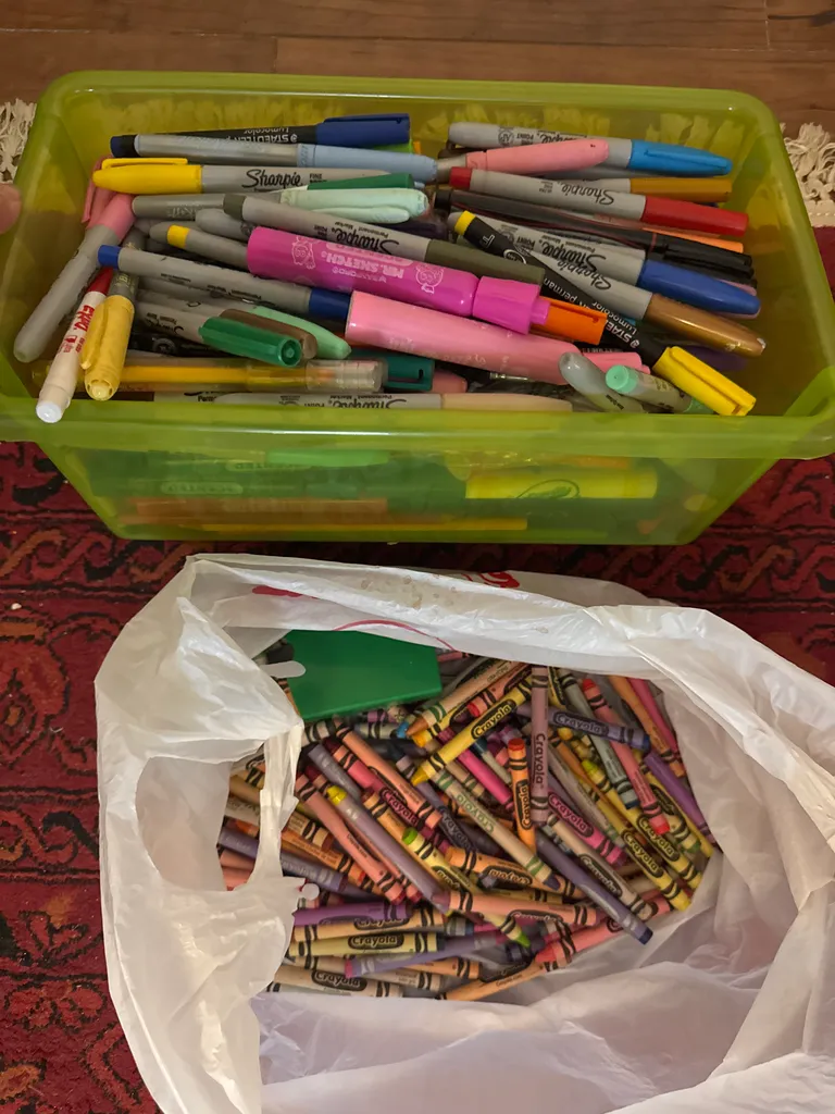 Lot of crayons, Sharpies, scented markers, paintbrushes.  photo 1