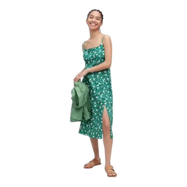 Uniqlo Green Floral Printed Front Slit Camisole Dress Size Small photo 1