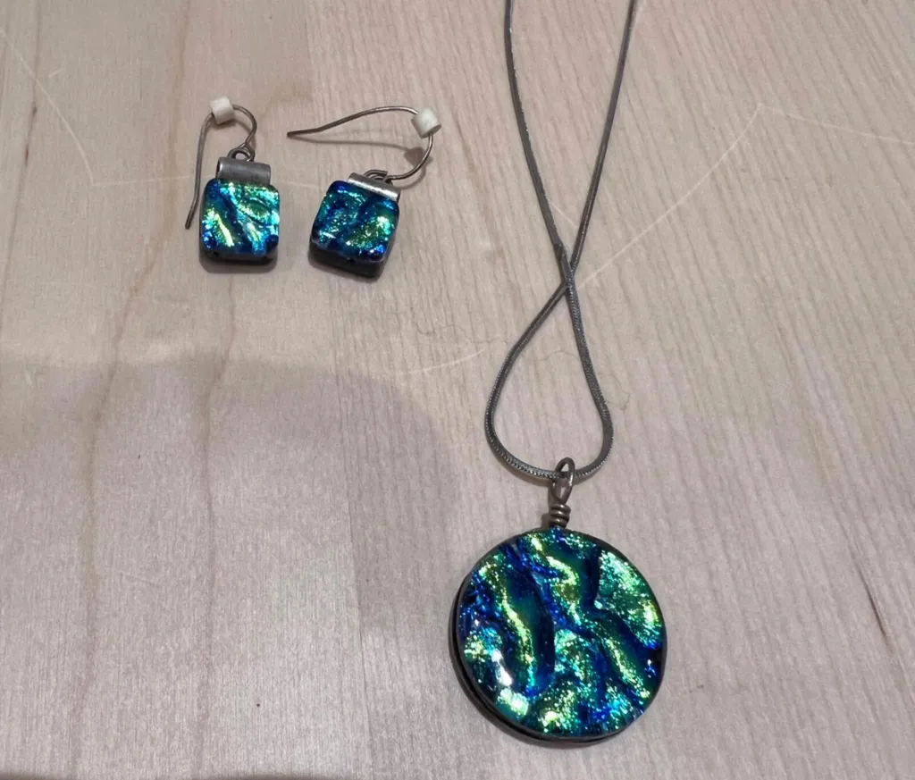 Green Ripple Dichroic Fused Glass Pendant and Earrings photo 1