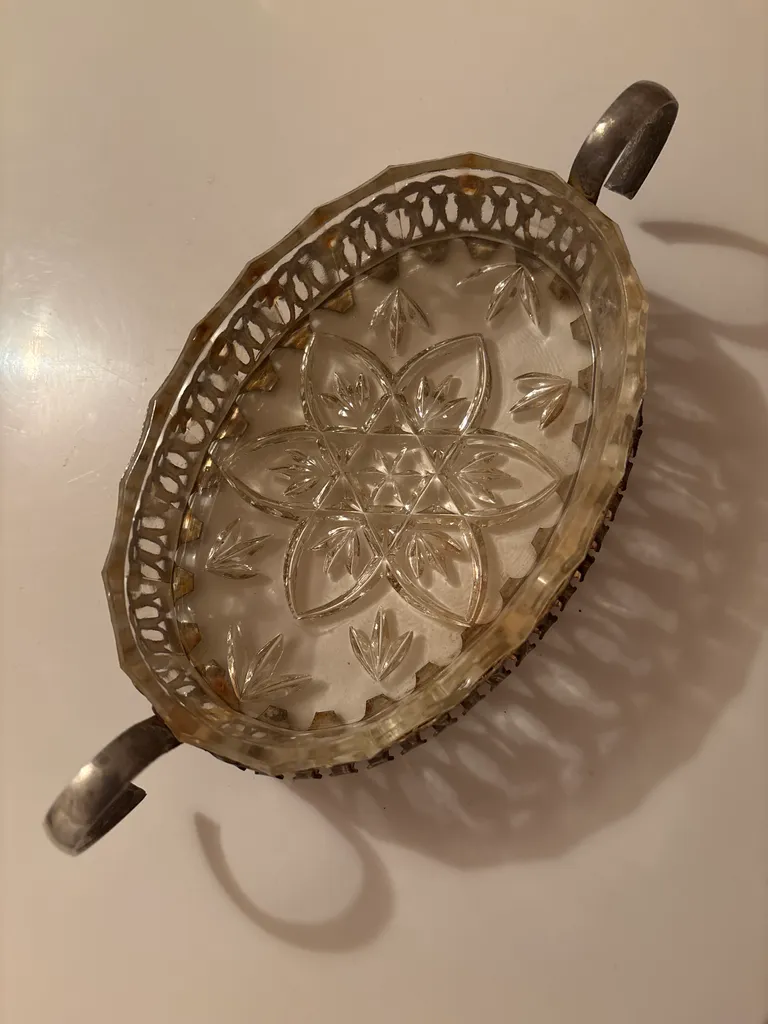 Vintage glass dish in metal holder. photo 1