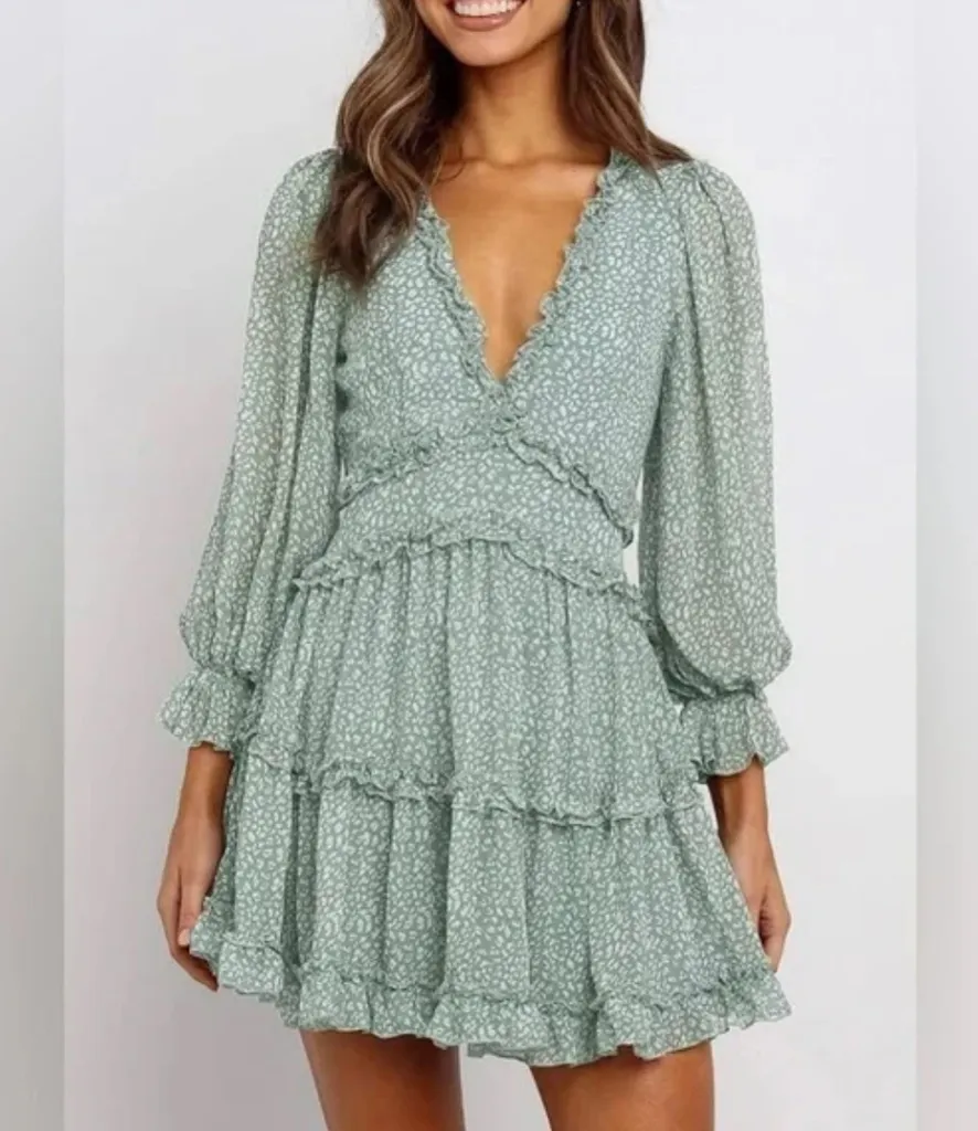 Green Boho Ruffle Dress S photo 1
