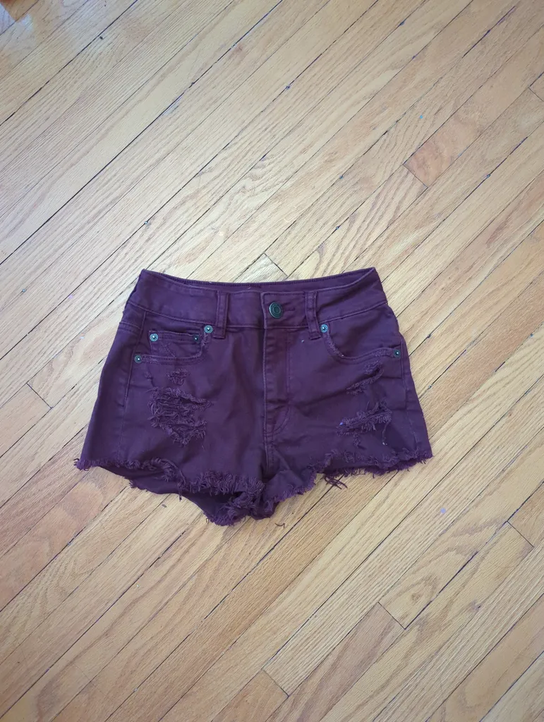American Eagle Burgundy Distressed Denim Shorts photo 1