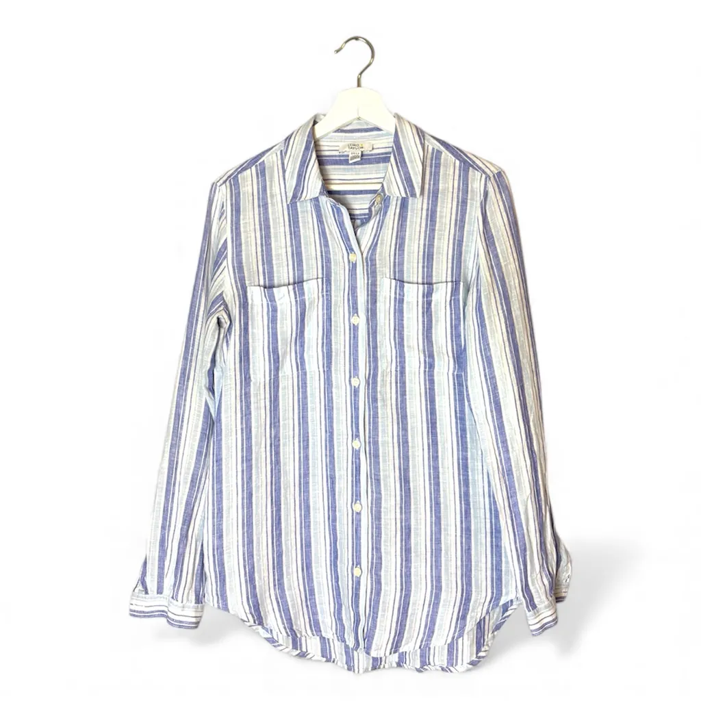 Lord & Taylor 100% Linen Striped Purple Blue Button Down Shirt photo 1