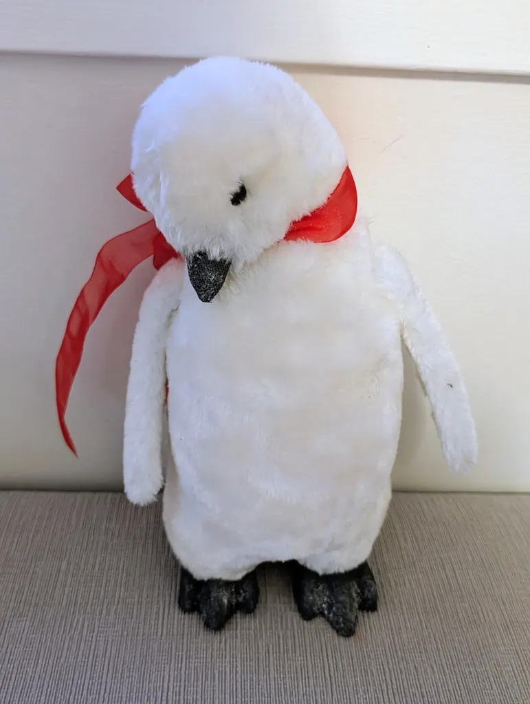 White Plush Penguin with Red Ribbon Winter Decor photo 1